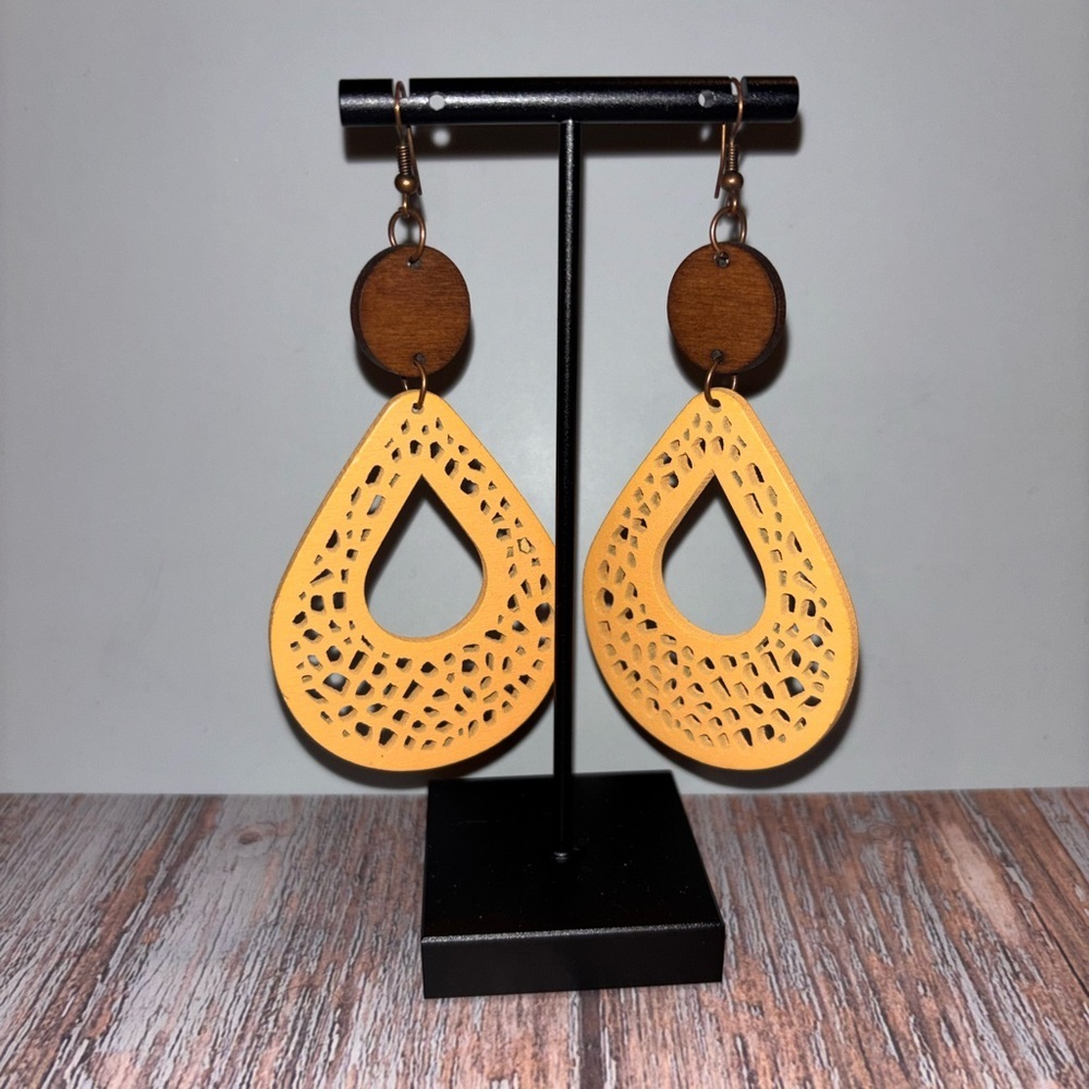 Elegant Wooden Teardrop Earrings in Yellow and Brown